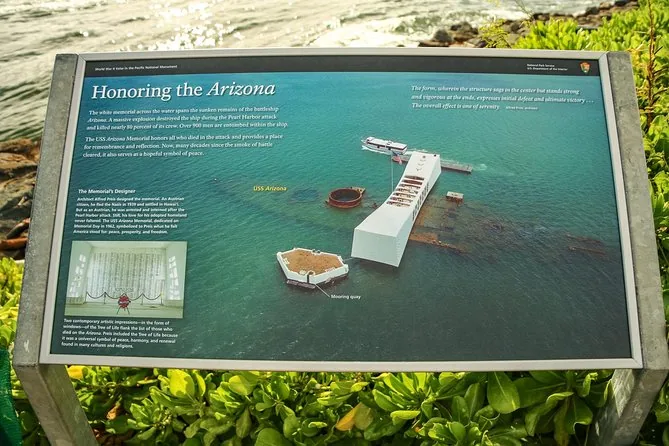 Un panel informativo titulado «Honoring the Arizona» junto al agua, en el centro de visitantes