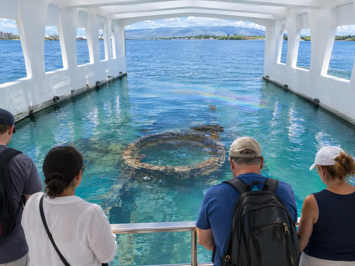 Besucher am Geländer im USS Arizona Memorial, die auf den versunkenen Sockel eines Geschützturms hinabblicken